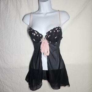 Vintage y2k whimsigoth coquette black pink floral babydoll top